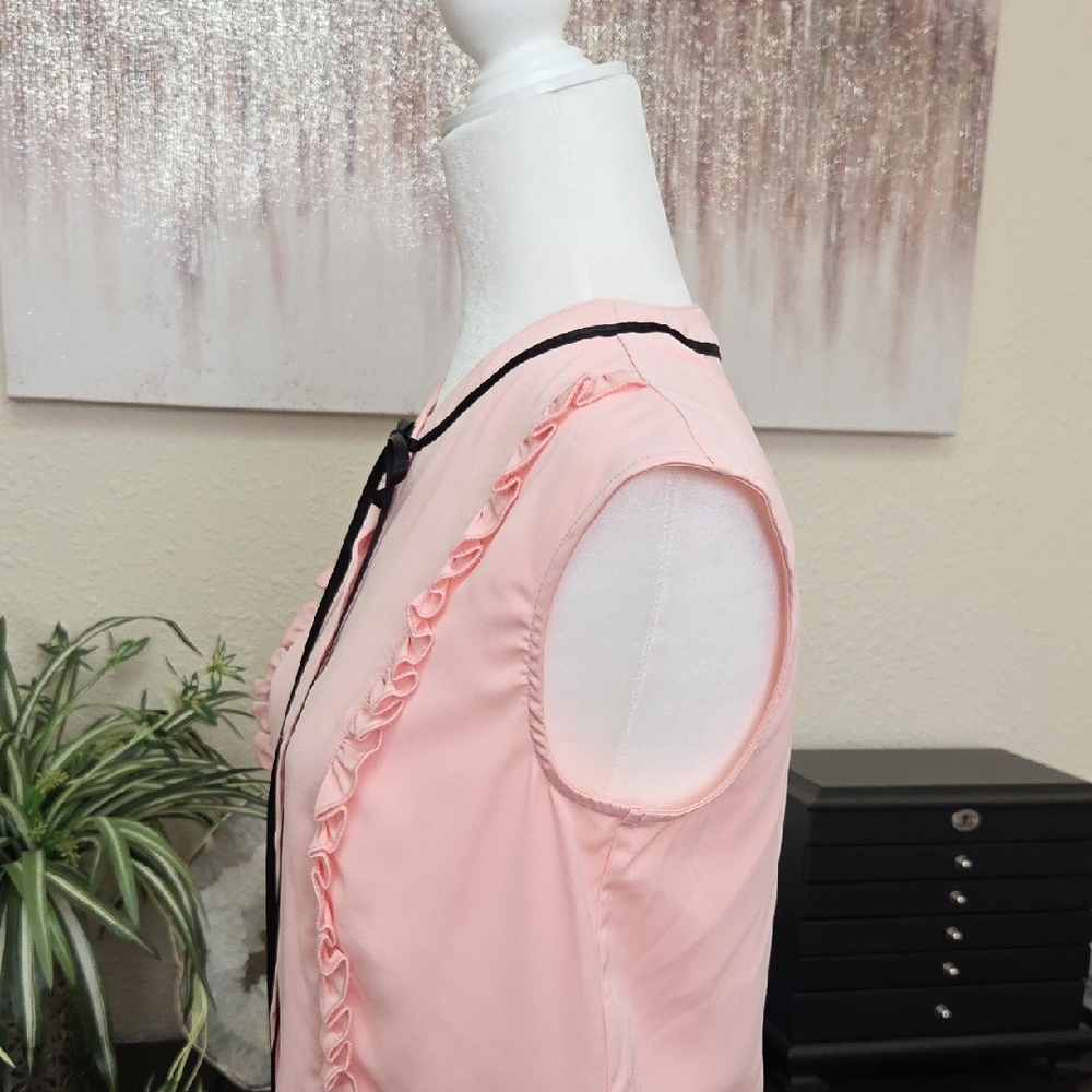 Allegra K Pink Sleeveless Ruffle Blouse with Black Tie - Picture 5 of 7